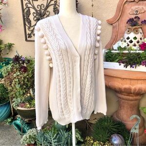 Chan Luu Cable Knit Pom Pom Cardigan in White Swan